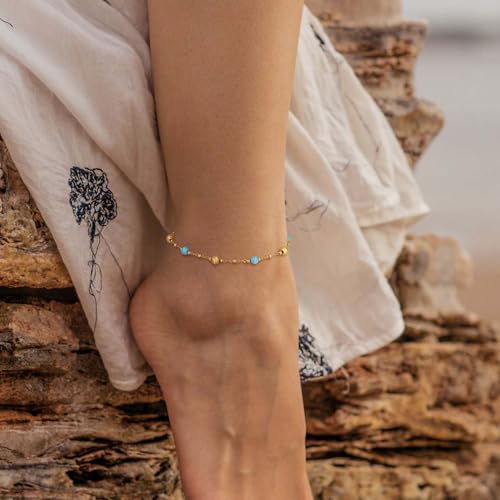 MTMY Gold Anklets for Women 14K Gold Plated Tiny Bead Anklet Colorful Tassel Foot Chain Dainty Adjustable Cute Summer Beach Boho Anklets Jewelry Gift - style: turquoise ball