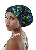 Adjustable Satin Lined Sleep Cap for Dreadlocks Curly Hair Large Head-Stay On Overnight - color: Black Green