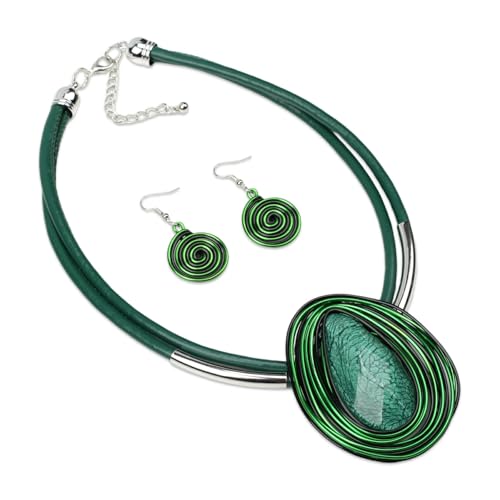Ethnic Crystal Rhinestone Pendant Necklace Earrings Set Women Handmade Tribal Collar Choker Chunky Metal Bib Rope Chain African Statement Jewelry Set - color: NXR1484-green