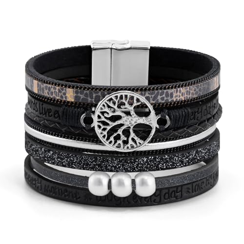 VIBILIA Boho Leather Wrap Bracelets for Women Multi-Layer Bracelets with Strong Clasp Jewelry for Women - color: 05-Tree of Life-Black