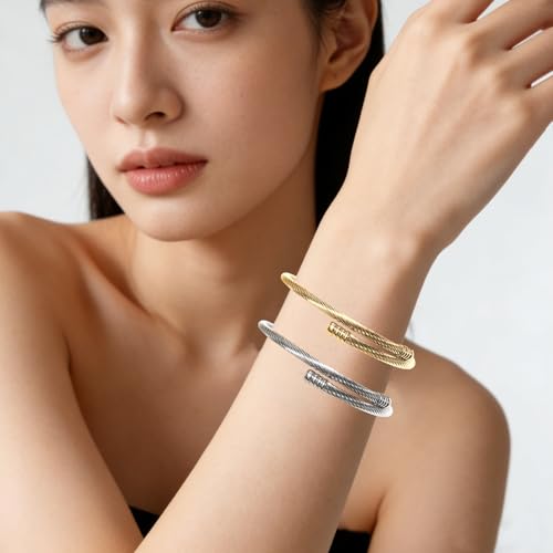 Exway 10 Pcs Elastic charm Bracelet chain Stainless Steel Cable Wire Twisted Cuff Bangle Bracelet Gold And Sliver charm Bracelets Kit for Crafts DIY Women Jewelry Making - color: gold+silver style B, size: 7.0in