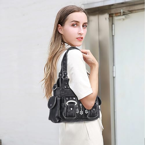 Angel Kiss Small Hobo Purses for Women, Washed Vegan Leather Multi-Pocket Purse, Shoulder Handbag with Adjustable Strap - color: Retro Black