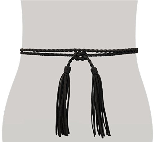TeeYee Women Girls Braided Waist Tie Belt/Rope with Tassel Wrap Cloth Belts for Dress Pants - color: Black, size: 63inch