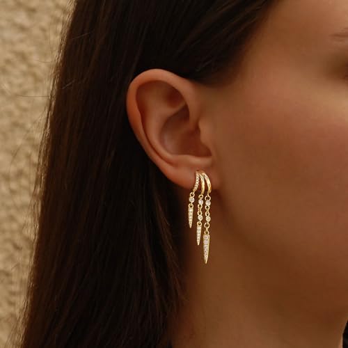 Dangle Earrings For Women, Dainty Gold Drop Statement Earrings 14K Gold Plated Long Huggie Earrings for Women Trendy Hypoallergenic Dangly Earrings Small Triple Hoops Earrings Fashion Jewelry - color: gold-three