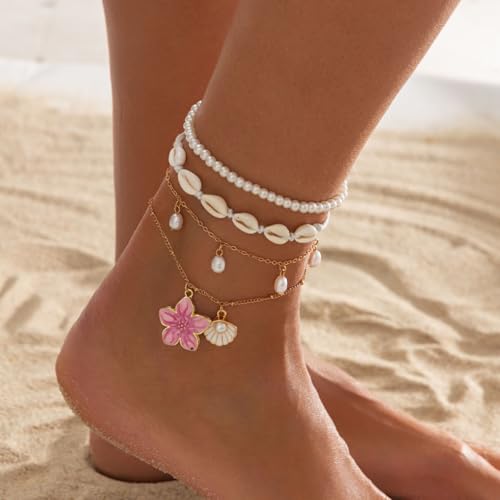 Fashion Layered Flower Charm Anklet for Women Golden Cuban Link Chain Tassel Waterproof Ankle Bracelet Adjustable Beach Vacation Foot Jewelry Summer Accessories - color: Pearl white