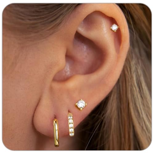 Gold Hoop Earrings Set: Dainty Stud Earrings 14K Gold Plated Earrings for Women Trendy Hypoallergenic Gold Stud Earrings 3-4mm Cubic Zirconia Cartilage Piercing Gold Jewelry for Women Gifts - color: Gold-Set-3/4/8/10mm