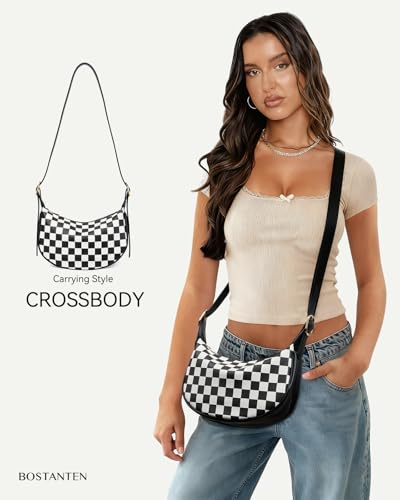 BOSTANTEN Purses for Women Crescent Crossbody Bag Vegan Leather Shoulder Hobo Handbag Adjustable Strap - color: Small Black White
