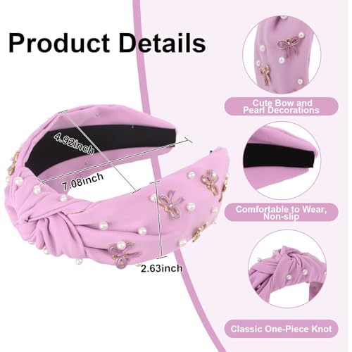 Purple Headband Bow Pearl Knotted Headbands for Women Girls Cute Fashion Wide Headbands for Women Non Slip Hairbands Head Bands for Women's Hair Bow Hair Accessories - color: Purple-01