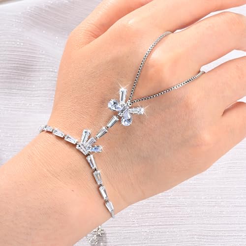Adjustable Hand Chain Bracelet Women, 16K Gold Plated Finger Bracelet, Secure Ball Clasp Elegant Slave Hand Jewelry, Y2K Aesthetic Accessories for Summer Festival Prom Beach Vacation Daily Wear - color: style1-16K silver-plated