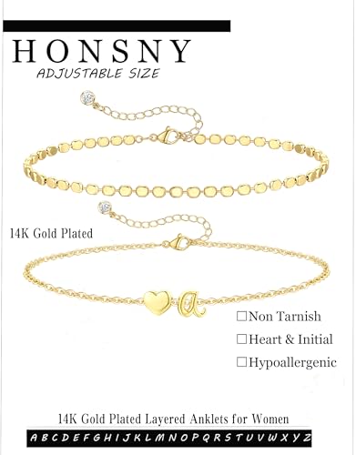 Honsny Initial Ankle Bracelets for Women Waterproof 14K Gold Plated Layered Anklets for Women Non Tarnish Dainty Heart Letter A-Z Ankle Bracelets Handmade Adjustable Summer Beach Gold Anklet Jewelry - style: Gold W