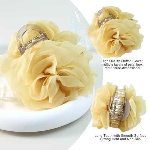 Large Chiffon Rose Flower Hair Claw Clips Boho Mesh Floral Hair Pins Barrettes Strong Hold Non-Slip Beach Vacation Hair Accessories for Women (Yellow Rose Flower Hair Clips) - color: Yellow Rose Flower Hair Clips
