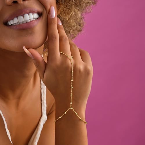 Hand Chain Bracelet for Women Trendy, Dainty Silver Beaded Finger Ring Bracelet Non Tarnish Minimalist Adjustable Simple Cute Silver Bracelets Waterproof Fashion Jewelry - color: Gold-01