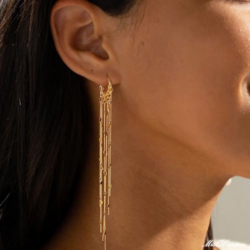 Robaice Gold Long Prom Earrings for Women, 14K Gold Plated Pearl Dangle Drop and Chain Tassel Threader Earrings Dangling，Rhinestone Zirconia Hypoallergenic Bride Party Prom Gold jewelry，Women Gifts - style: B-dangle tassel chains, gold