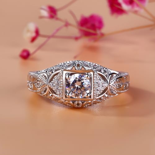 Jeulia Vintage Rings 925 Sterling Silver Round Cut Solitair Diamond Ring Wedding Engagement Statement Ring Band Anniversary Promise Bridal Set with Gift Box