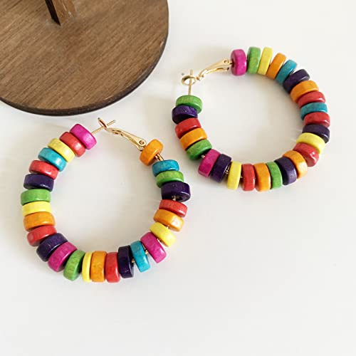 Handmade Nature Wooden Beaded Hoop Earrings Bohemian Minimalist Colorful Circle Round Wood Bead Earrings Vintage Chic Wooden Ethnic Dangle Drop Earrings for Women Statement Jewelry Gifts - color: Color Small Round 2