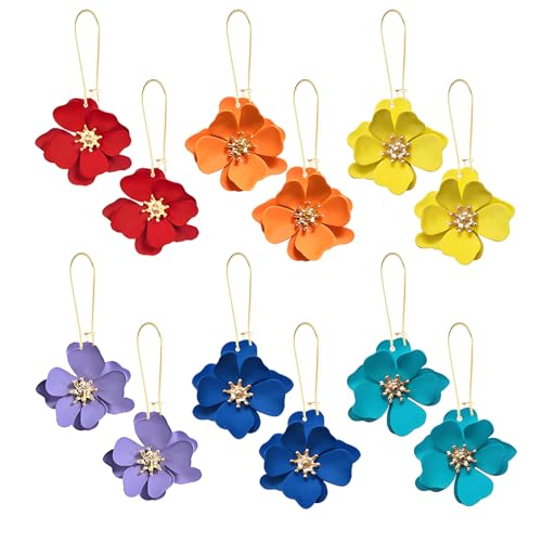 Dreuyet 6 Pairs Boho Daisy Flower Long Petal Drop Dangle Earrings for Women Bohemian Matte Floral Layered Tiered Chic Statement Earrings Wedding Spring Flower Jewelry - style: Rainbow