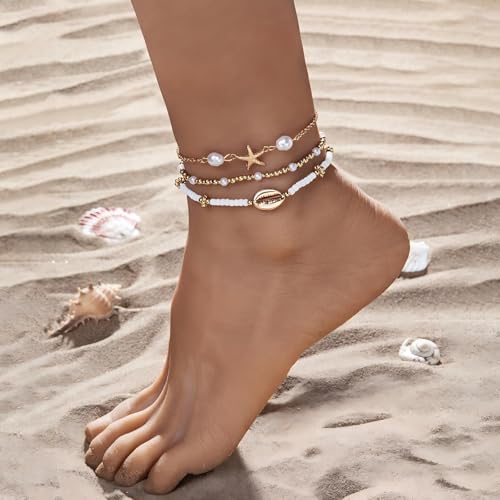 Shell Bracelet,Gold Plated Starfish Ankle Bracelets for Women Waterproof Stack Beaded Anklet Boho Hawaiian Vacation Beach Jewelry Gifts - style: starfish