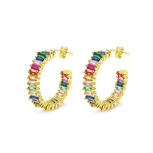 Savlano 14K Gold Plated Cubic Zirconia Multicolor Rainbow Round Hoop Stud Earrings for Women Comes with a Gift Box - color: Yellow Gold