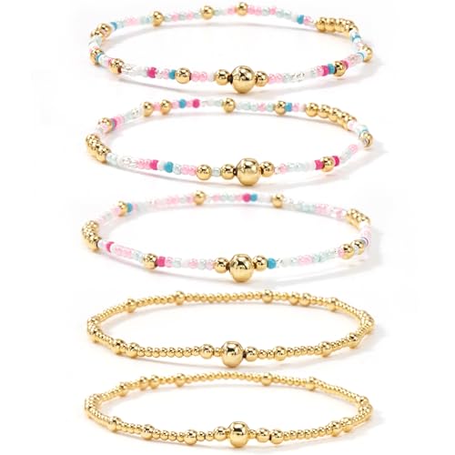 14K Gold Plated Beaded Bracelets Stack Set for Women,Stretch Boho Colorful Beads Ball Jewelry Friendship Summer Trendy - color: Pink ball