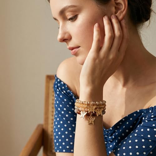 Bohemian Bracelet Sets for Women - 4-Pack Stackable Stretch Bead Bracelets with Black＆White Crystal & Gold Accessories, Multi-Layer Boho Jewelry - color: orange butterfly
