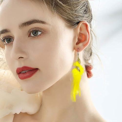 Feather Earrings for Women Bohemian Fringe Tassel Long Drop Dangle Earrings Lightweight Boho Statement earrings - color: yellow