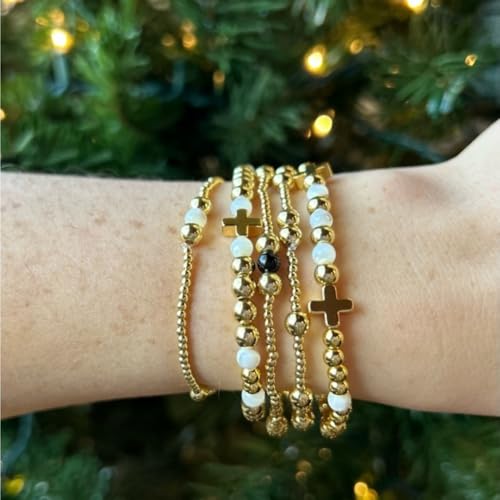14K Gold Plated Beaded Bracelets Stack Set for Women,Stretch Boho Colorful Beads Ball Jewelry Friendship Summer Trendy - color: Black