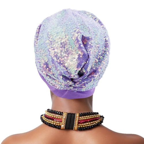 Erinaco Women Sparkle Sequin African Turban Bow Knot Pre-Tied Cap Pleated Ruffle Bonnet Beanie Hat Headwrap Skull Caps - color: Sparkle Light Purple