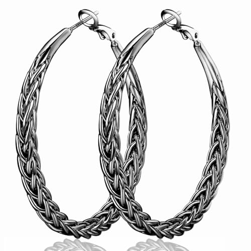 Senteria Silver Hoop Earrings for Women Hypoallergenic 925 Sterling Silver Post Hoop Earrings Lightweight Large Hoops Earring Thick Twisted Silver Hoops 30/40/50MM - color: 30mm black hoops