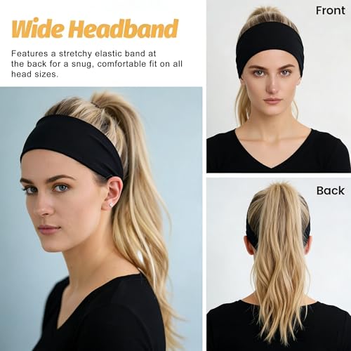 5 Pack Wide Headbands for Women, Sweat-Absorbing Sport Sweatbands, Soft Elastic Yoga Hairbands, Comfortable Hair Bands for Fitness Workout Travel Exercise - color: 5-Pure Black