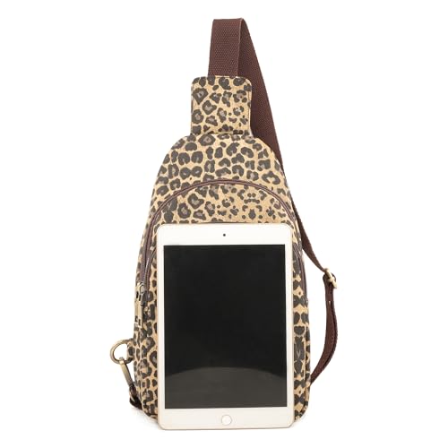 SILKAREA Canvas Sling Bag for Wome Crossbody Purse Small Sling Backpack Purse Travel Hiking Chest Bag Daypack - color: Brown Leopard