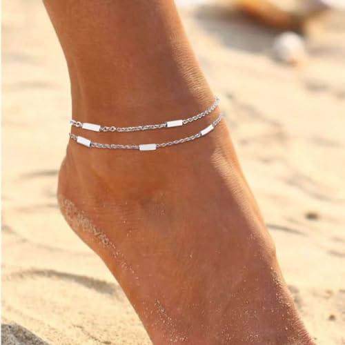 MIDEEO Gold/Silver Ankle Bracelets for Women,14K Gold Anklets for Women Waterproof Cuban Link Heart Beads Herringbone Rhinestone Anklets Set Layered Anklet Bracelets for Women Gold Jewelry Gift - style: 2 Layers Anklet D-SL