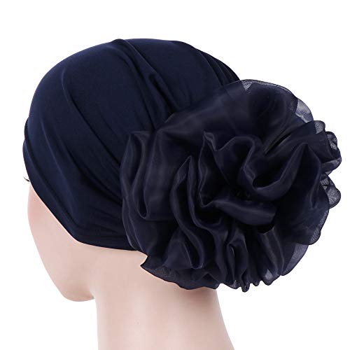 Women Big Flower Turban Hat Head wrap Headwear Cancer Chemo Beanie Cap Hair Loss Cover - color: Navy