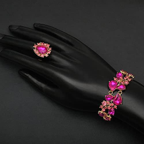 CSY 4 Pcs/Set Austrian Crystal Necklace Earrings Bracelet Ring Bridal Jewelry Sets for Brides Wedding Party Costume Accessories Gifts for Women - color: 02-gold plated-hot pink crystal