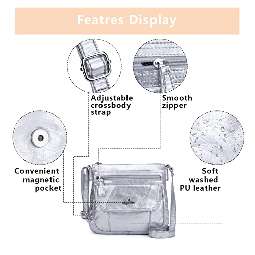 Angelkiss Small Womens Crossbody Bag Leather Shoulder Purse for Women Hobo Bag with Adjustable Shoulder Strap - color: Silver