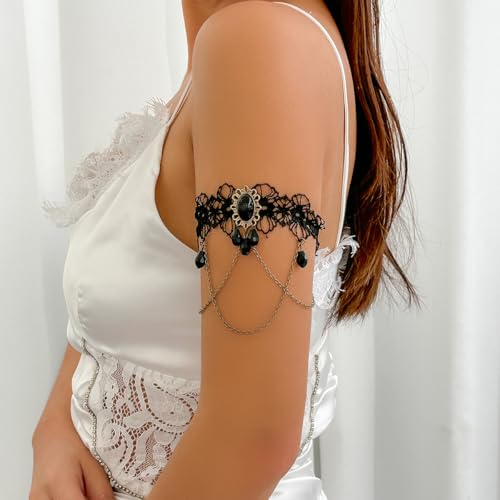 Dainty Black Upper Arm Cuff Bracelet for Women, Gothic Halloween Sexy Lace Harness Armlet Adjustable Upper Arm Chain Bangle Arm Band for Women - color: Lace