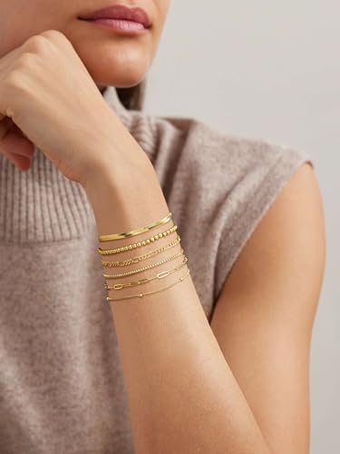 Dearmay Gold Bracelets for Women Waterproof, 14K Gold Plated Minimalist Bracelets Stack Non Tarnish Trendy Dainty Herringbone Vintage Cuban Paperclip Rope Thin Box Link Chain Stackable Jewelry Sets Modern Fashion Accessories Gifts for Womens - style: 5Pcs
