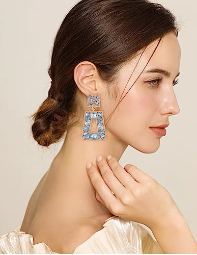 Rhinestone Rectangle Statement Earrings Colorful Crystal Geometric Drop Dangle Earrings for Women Prom Party - color: Light Blue