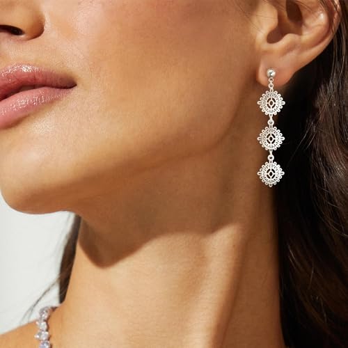LLWOM 14K Gold/White Gold Plated CZ/Flower/North Star/Leaf Dangle Drop Earrings Studs for Women, Statement Earrings for Wedding Party Prom, Hypoallergenic Jewelry Gift - color: Silver Flower