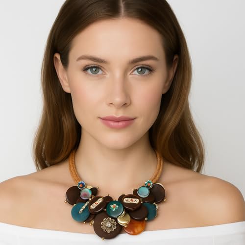 Chunky Statement Wood Pendant Necklace for Women Rope Braided Colorful Resin Stone Tribal Ethnic Bold Boho Fashion Jewelry - color: N1540-colorful