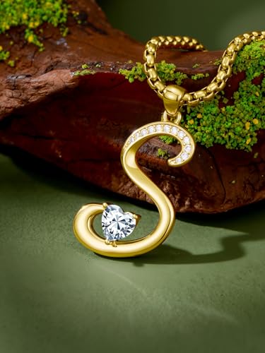 Birthday Gifts for Women 18k Gold Initial Necklaces for Women Simple Alphabets Letters with Birthstone Pendants Name Jewelry Anniversary Wedding Gifts for Sister Daughter Her (with Gift Box) - color: 04-Apr-5A White CZ, style: Letter S