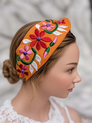 FANFAN Boho Flower Headband Orange Embroidered Elastic Hair Band One Size E9 (Orange, One Size) - color: Orange