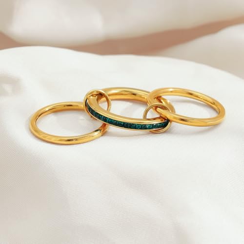 Gold Stackable Rings for Women,18K Gold Plated with Green Cubic Zirconia,Vintage Gold Stacked Multi Ring Interlocking Mixed Stacked Rings for Women Non Tarnish - color: Gold Green 3 Set