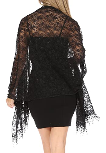 Sakkas Mari Women's Large Lightweight Soft Lace Scarf Wrap Shawl Floral and Fringe - color: Style4-black