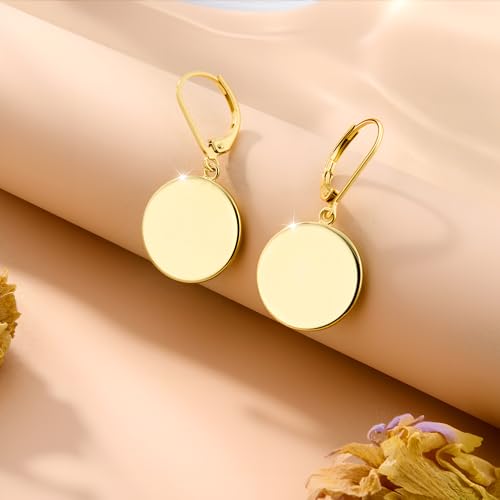Disc Dangle Earrings for Women, 14K Gold Plated Flat Hypoallergenic Drop Earrings, Silver Classic Coin Leverback Earrings for Women Jewelry Gifts - color: A-14K Gold