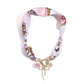Scarf Long Fabric Colorful Silk Scarves Multi Pendant Necklace For Women Statement Boho Choker Twisted Ribbon Band Pearl Accent Heart Maple Leaf Bee Daisy Dragonfly Star Green Gem Charms - color: Pink Bow
