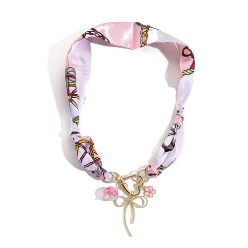 Scarf Long Fabric Colorful Silk Scarves Multi Pendant Necklace For Women Statement Boho Choker Twisted Ribbon Band Pearl Accent Heart Maple Leaf Bee Daisy Dragonfly Star Green Gem Charms - color: Pink Bow