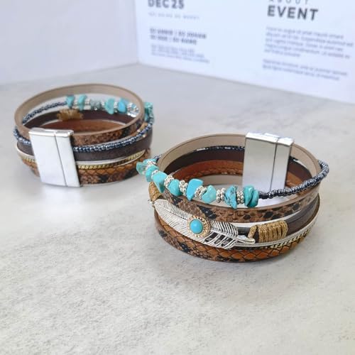 Turquoise Bracelet for Women, Boho Multilayer Leather Bracelet with Feather and Magnetic Clasp, Western Turquoise Jewelry - color: Brown