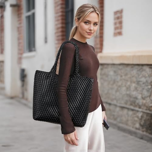Woven Tote Bag for women,Vegan Leather Woven Satchel Handbag,Shoulder bag with Pouch,Hobo bag fits13-14” laptops - color: Black