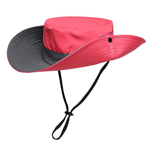 Womens Summer Sun Hat Beach Hat Wide Brim Outdoor UV Protection Hat Foldable Cool Mesh Ponytail Bucket Hat - color: Red-gray