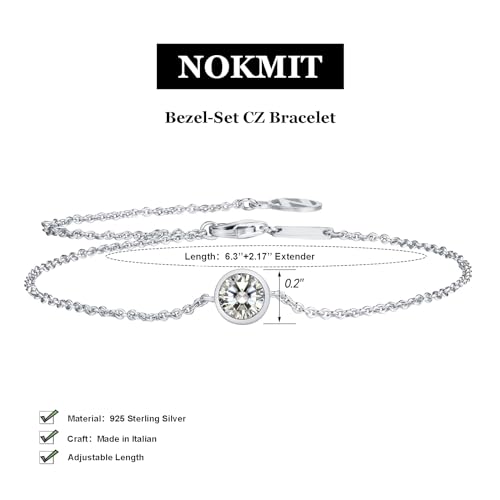 NOKMIT Solid 925 Sterling Silver Bracelets for Women, Dainty Interlocking Circles Cubic Zirconia Adjustable Chain Bracelet, Trendy Stackable Link Bracelets, Simple Cute Jewelry Gifts - color: Silver Bezel-Set CZ